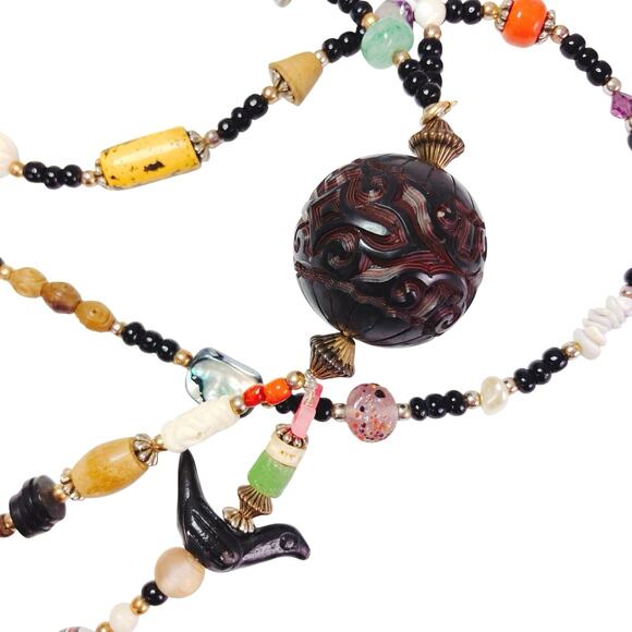 VTG Necklace Treasure Glass Carved Shell Gemstone Coral Trade Style Bead Heishi - Picture 13 of 14